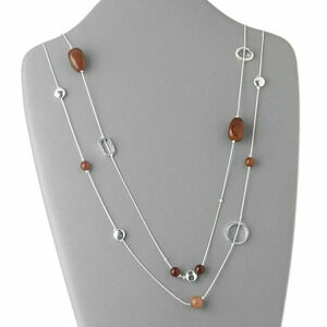 Mid Century Style Double Strand Silver Amber Orange Long Necklace